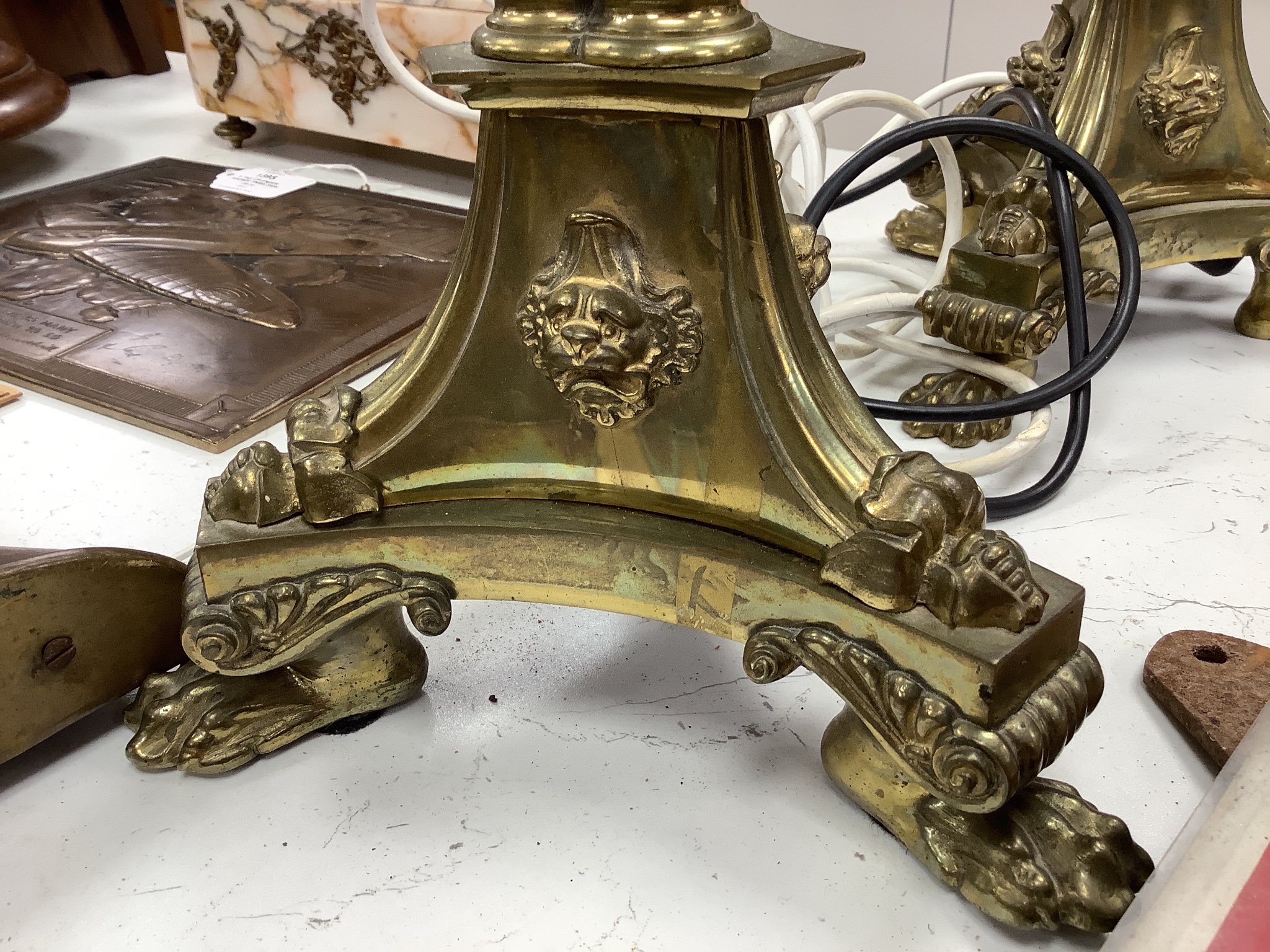 A pair of French brass cluster column table lamps, 54cm high